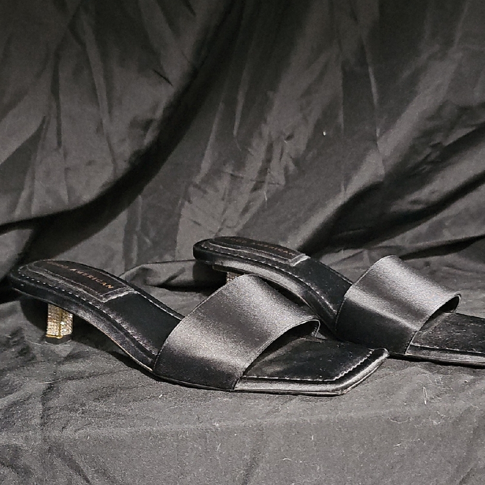 Good American Black Satin Kitten Heel Slide Sandals with Rhinestone Heel